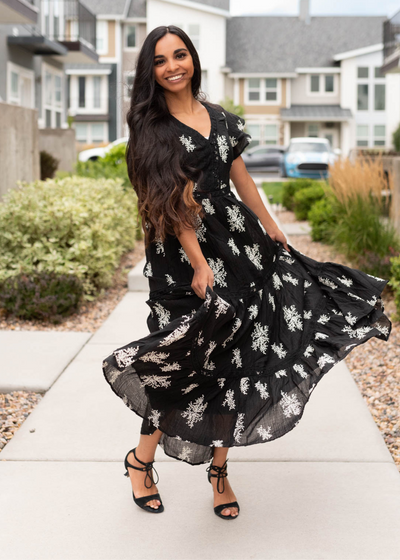 Short sleeve black embroidered tiered dress