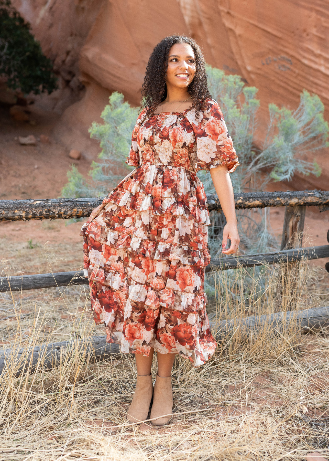 Natasha Rust Floral Ruffle Dress