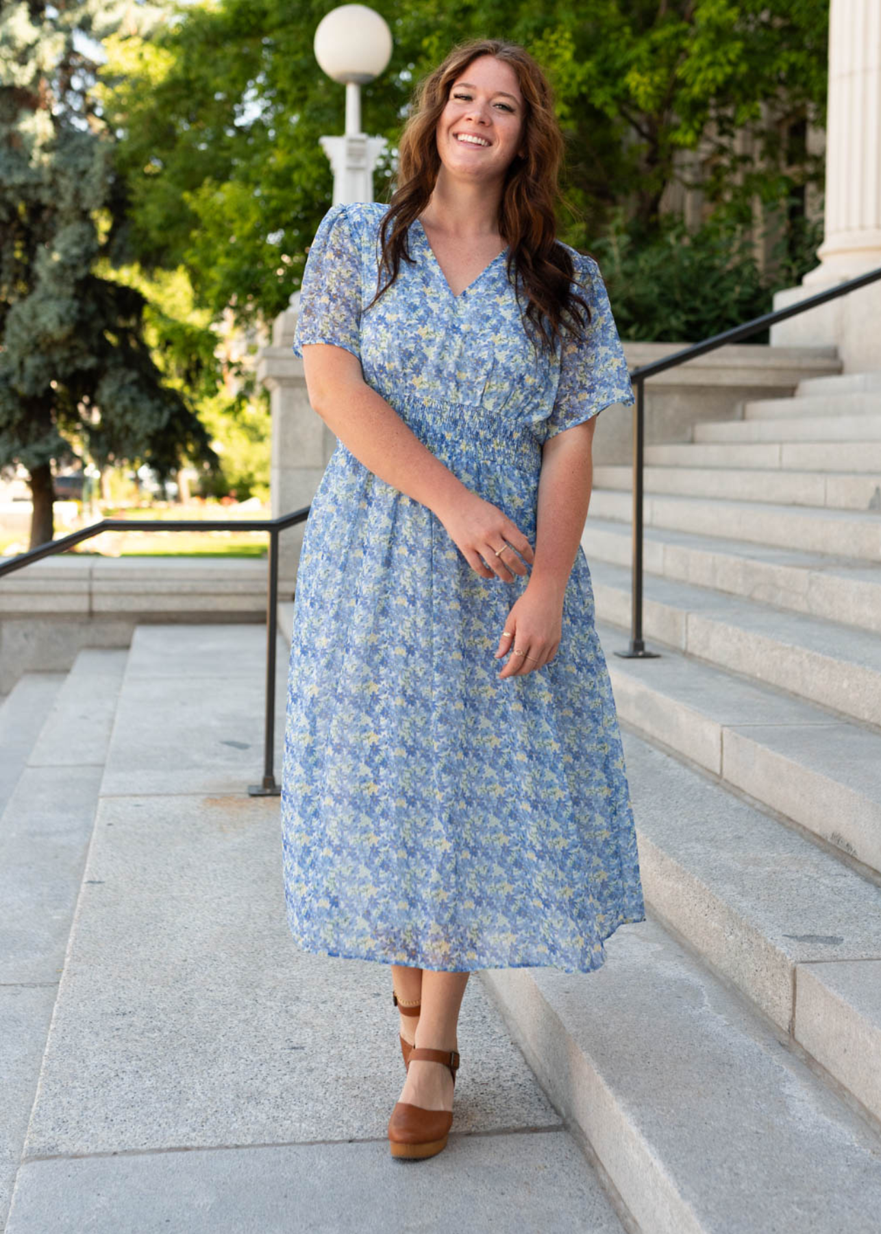 Plus size short sleeve blue floral dress