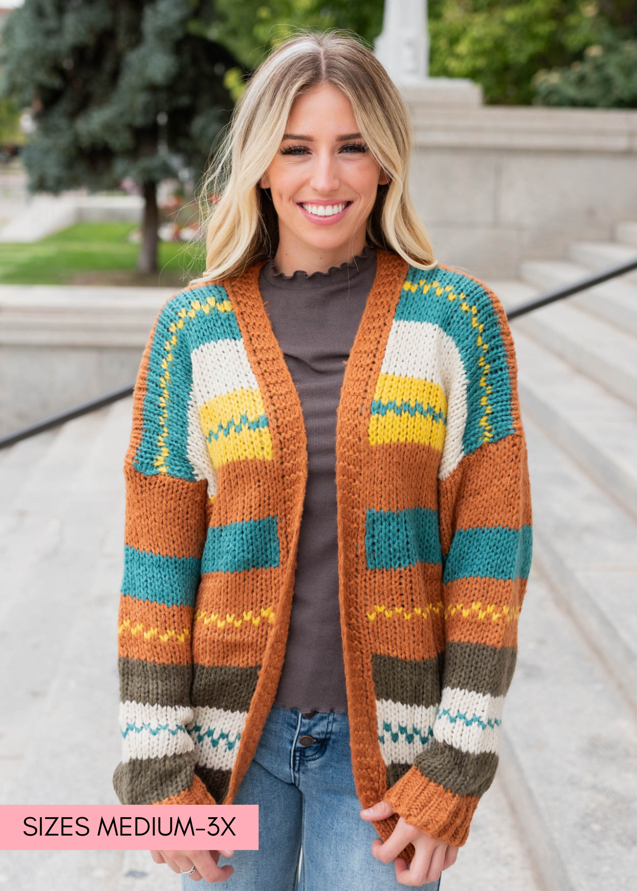 Color block rust cardigan with yellow, teal and ivory too