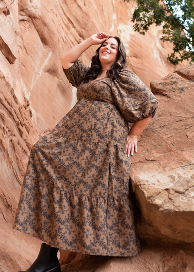 Plus size brown floral tiered dress