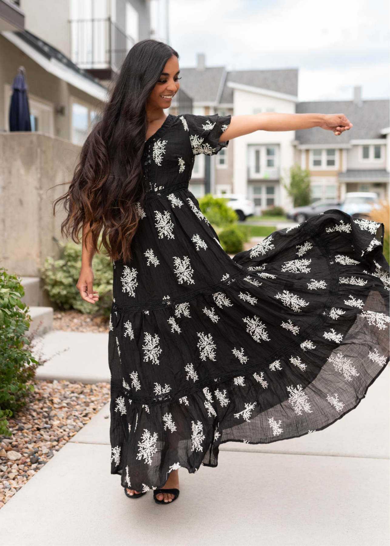 Black embroidered tiered dress with long skirt