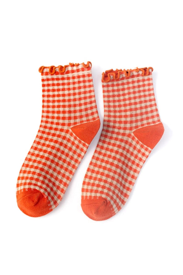 Lyla Burnt Sienna Checker Ruffle Socks