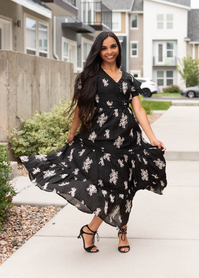 Black embroidered tiered dress