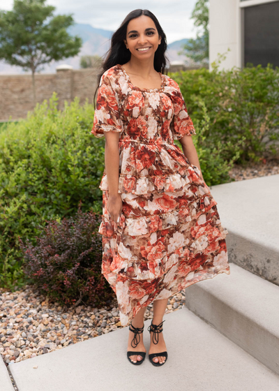 Rust floral ruffle dress with short sleeves