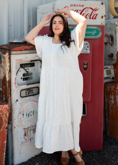 Plus size white woven pattern dress