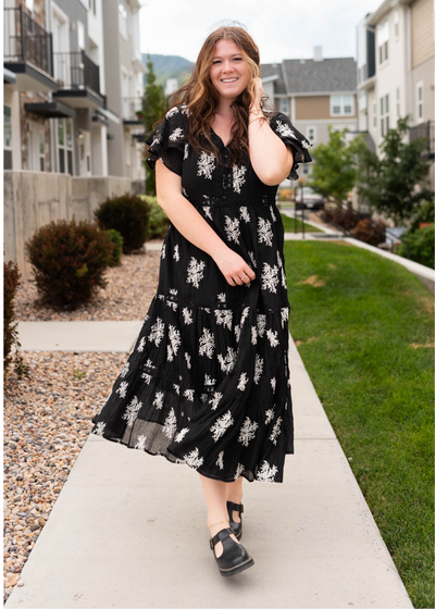 Plus size black embroidered tiered dress