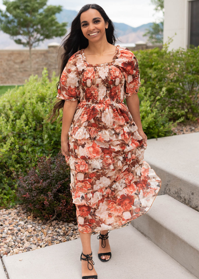 Short sleeve rust floral ruffle dress