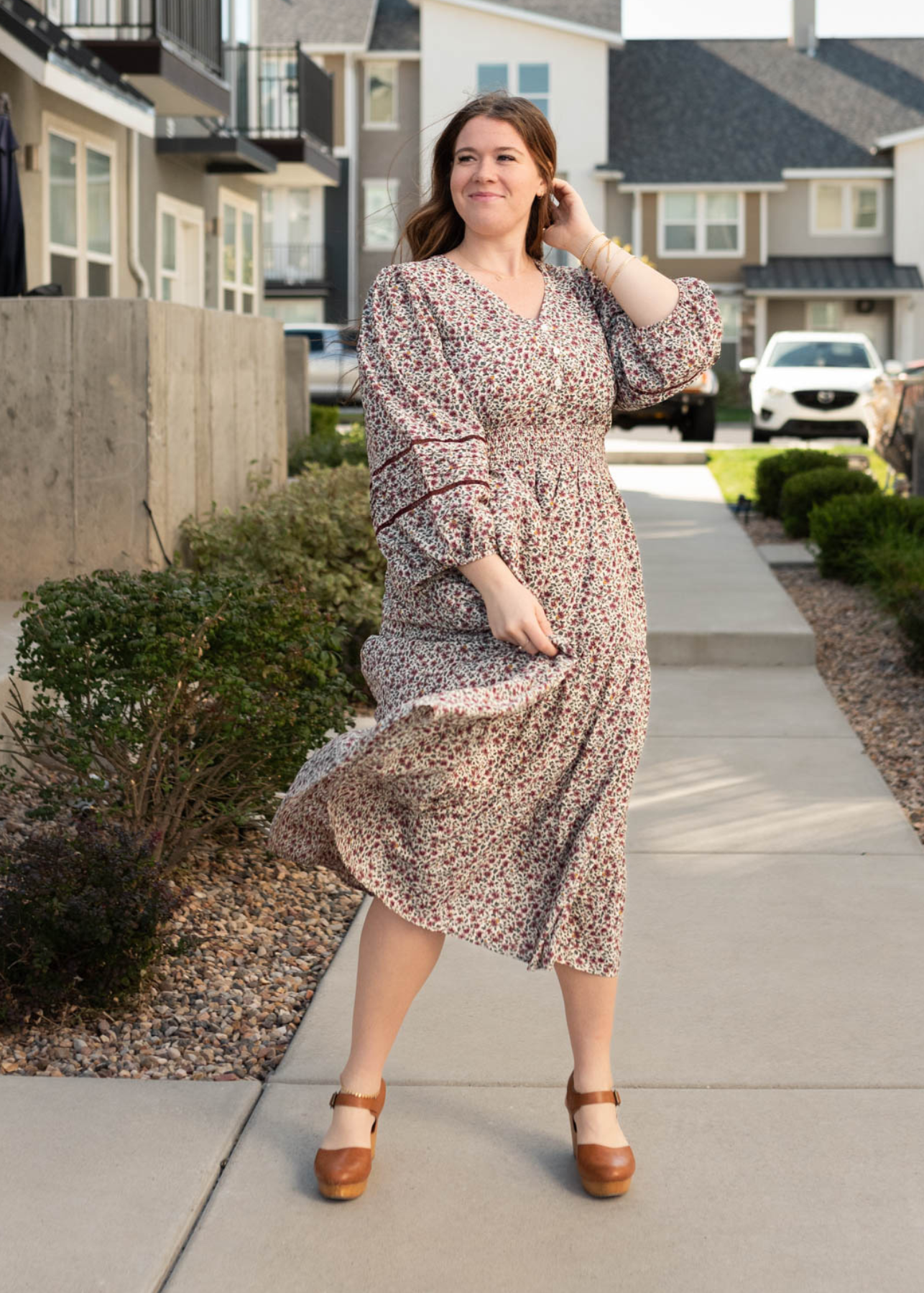 Long sleeve plus size burgundy floral dress