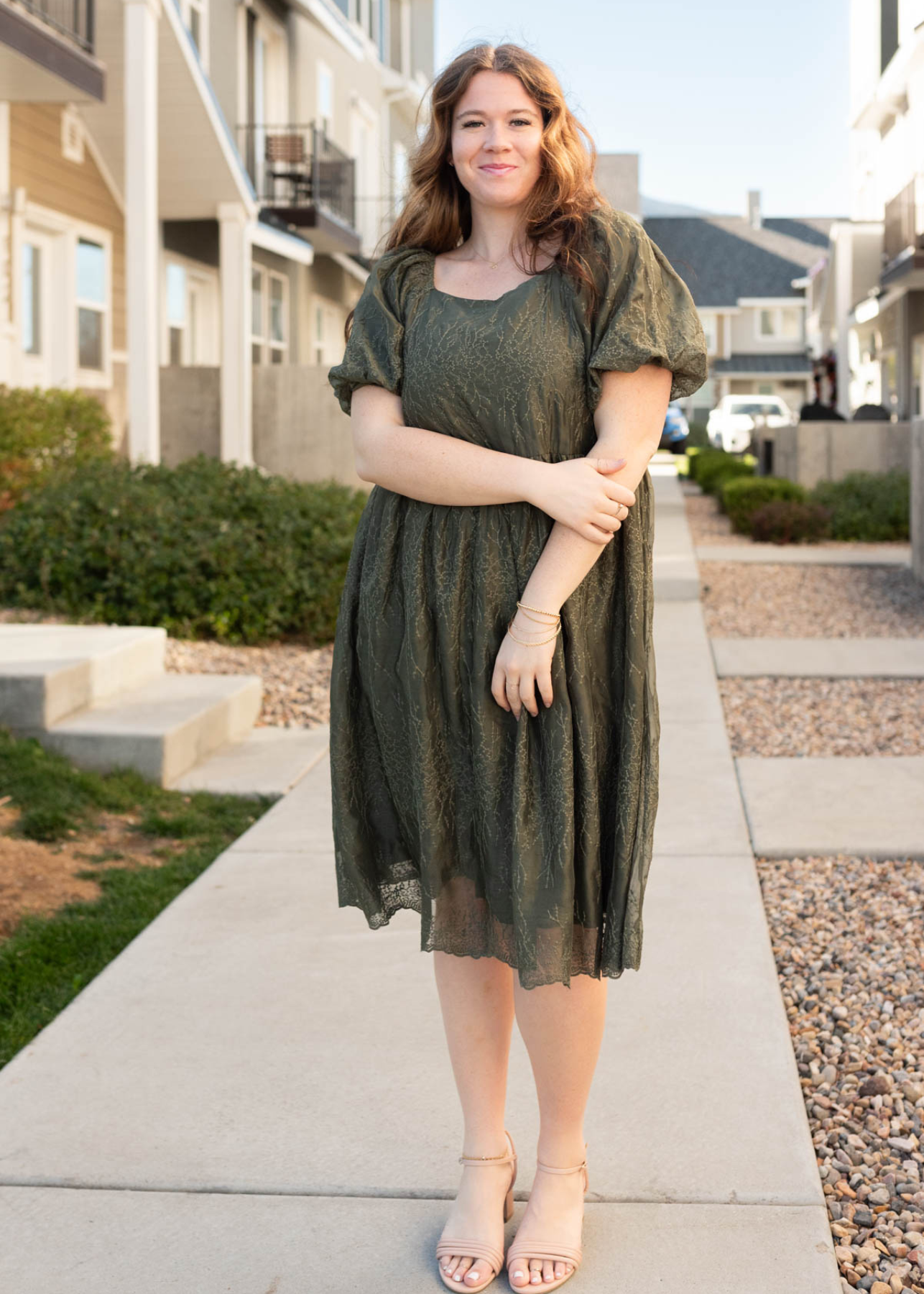 Plus size olive embroidered square neck dress