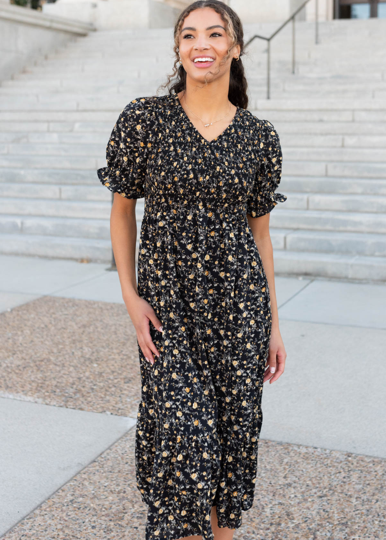 Front view of the yellow flower dress