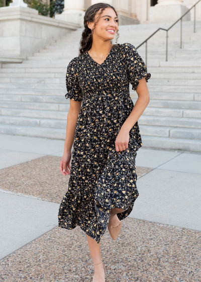 Smocked bodice on the yellow flower dress