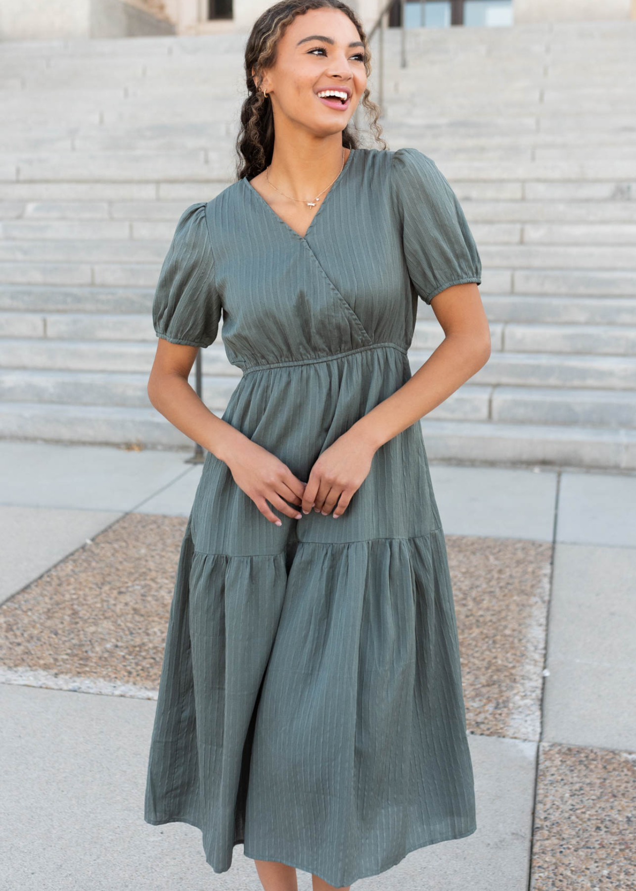 Olive tiered dress with short sleeves