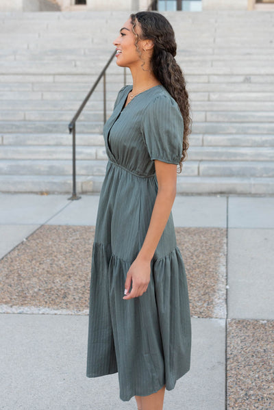 Side view of the olive tiered dress