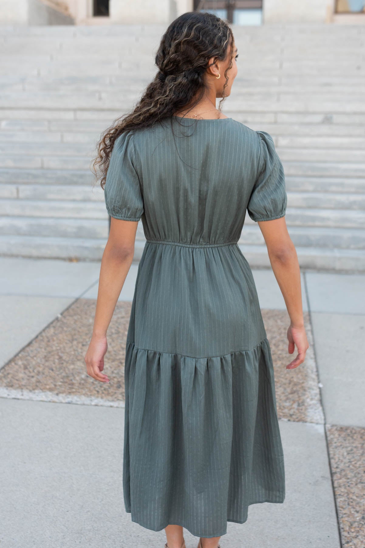 Back view of the olive tiered dress