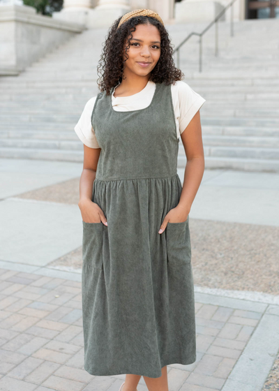 Olive corduroy dress with front pockets