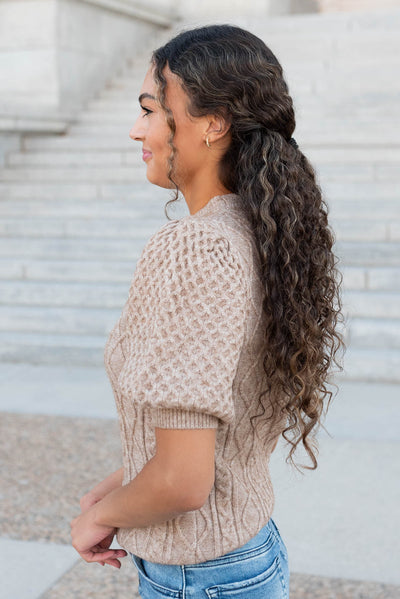 Side view of the taupe short sleeve sweater