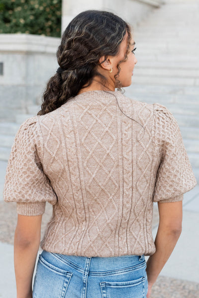 Back view of the taupe short sleeve sweater