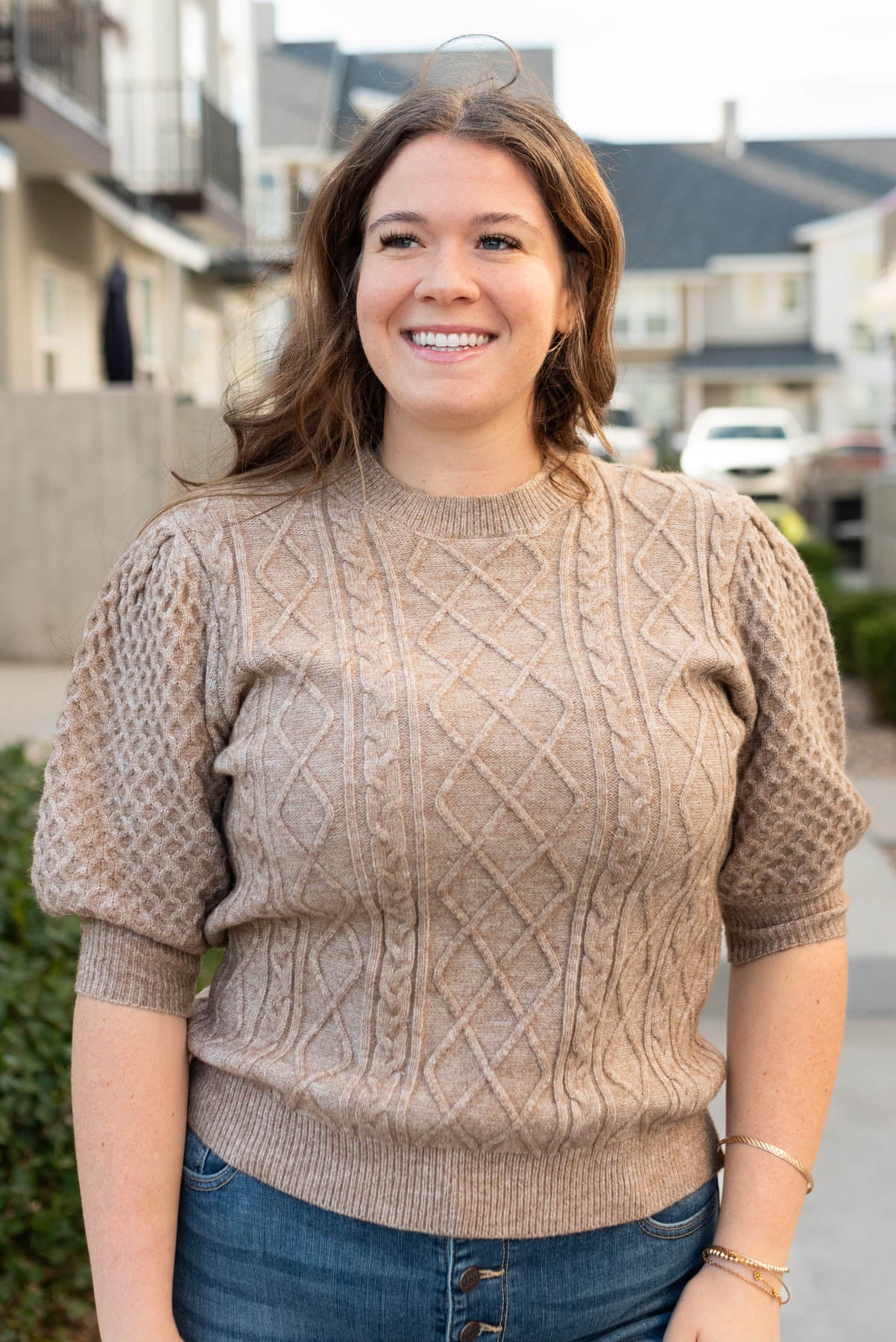 Multi knit pattern on the plus size taupe short sleeve sweater