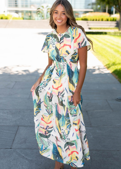Green tropical print dress with short sleeves