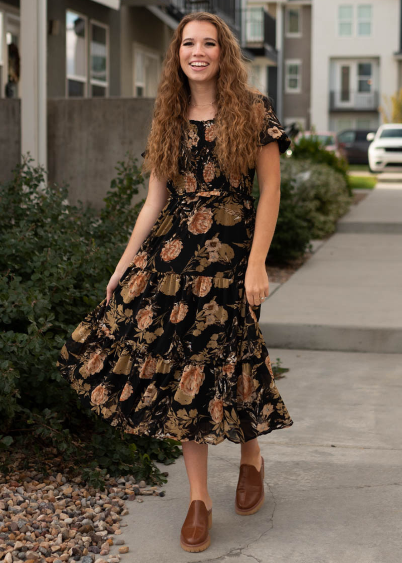 Short sleeve black floral dress