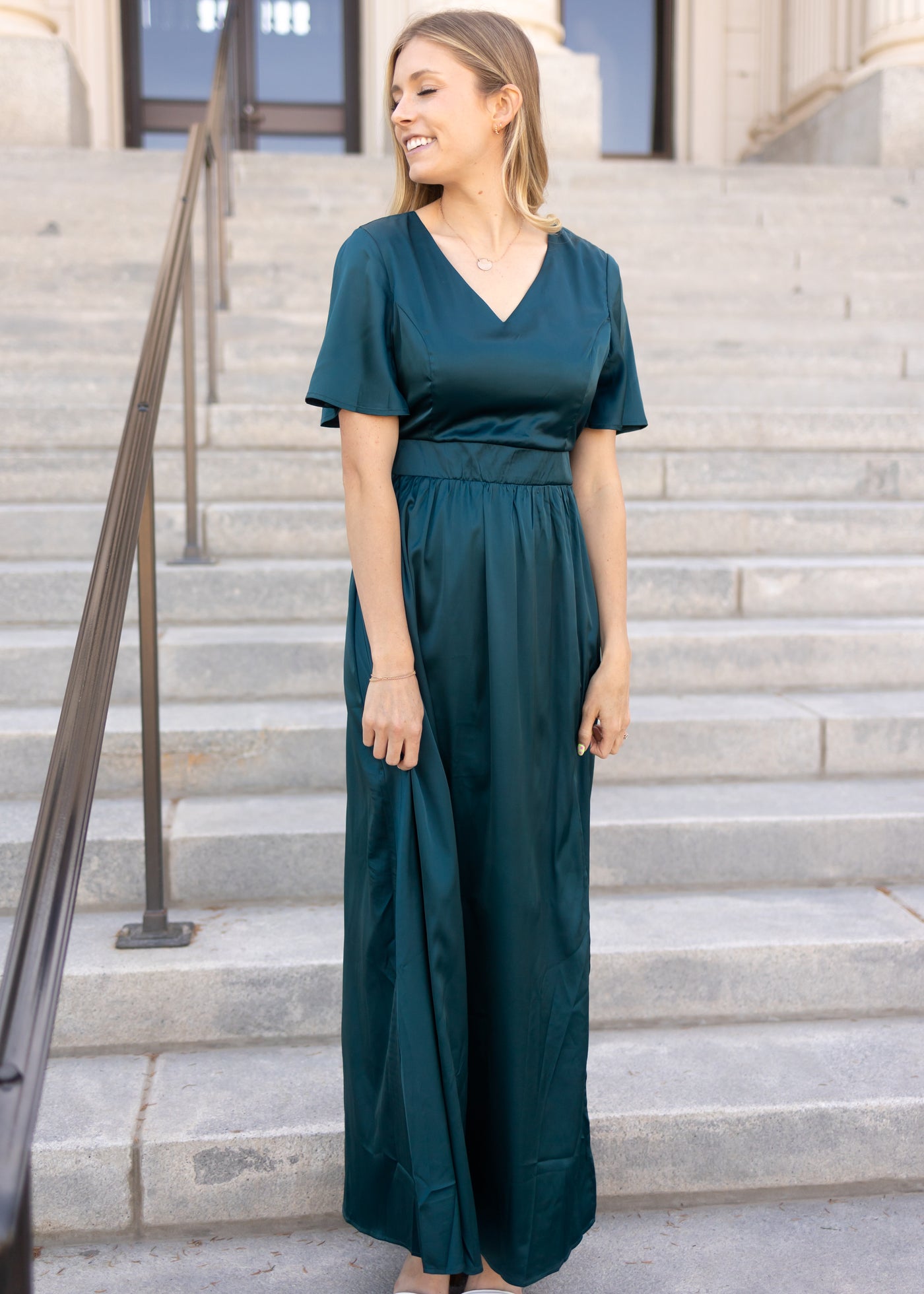 Short sleeve satin teal dress