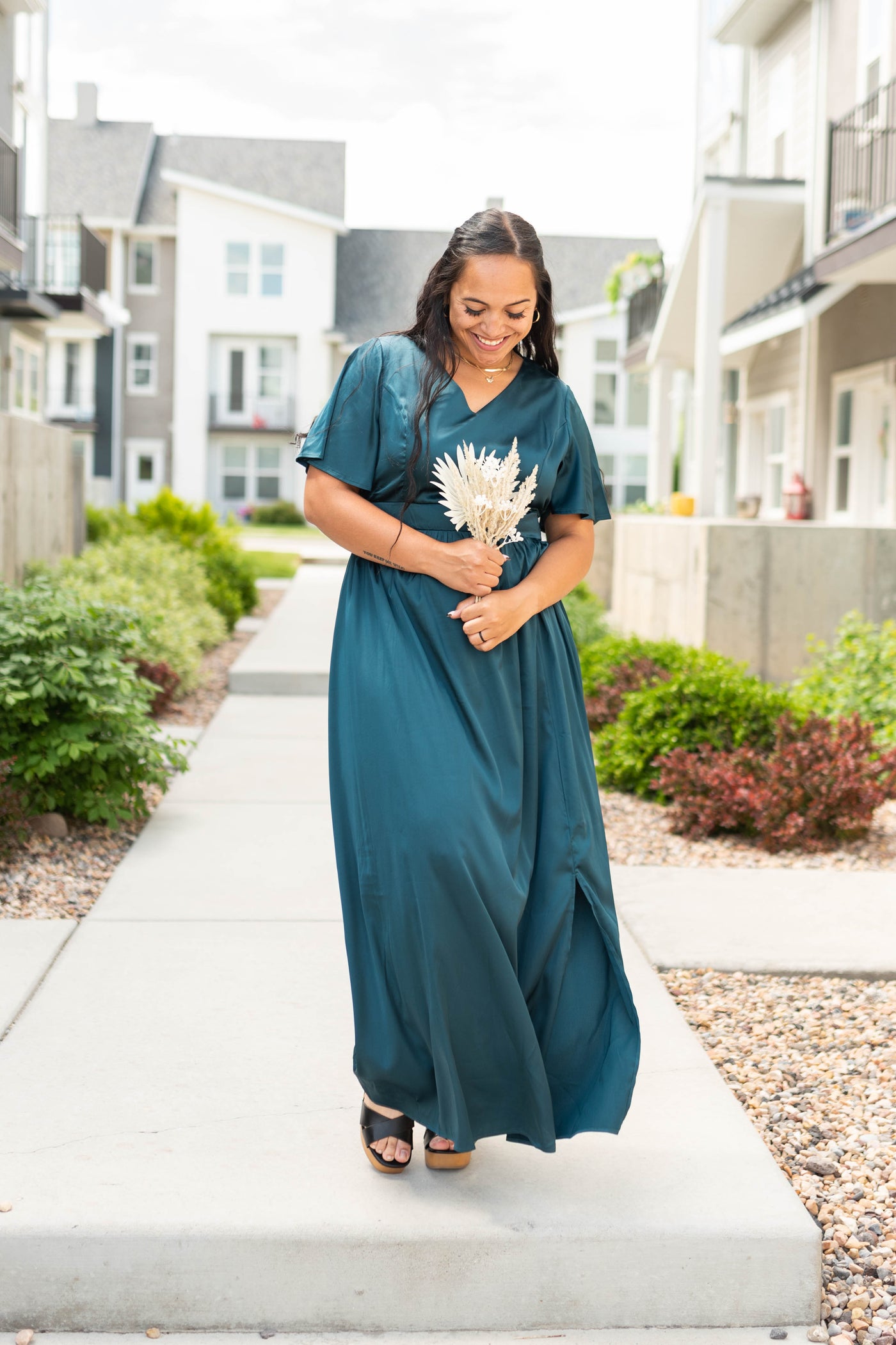 Short sleeve deep teal dress with a v-neck