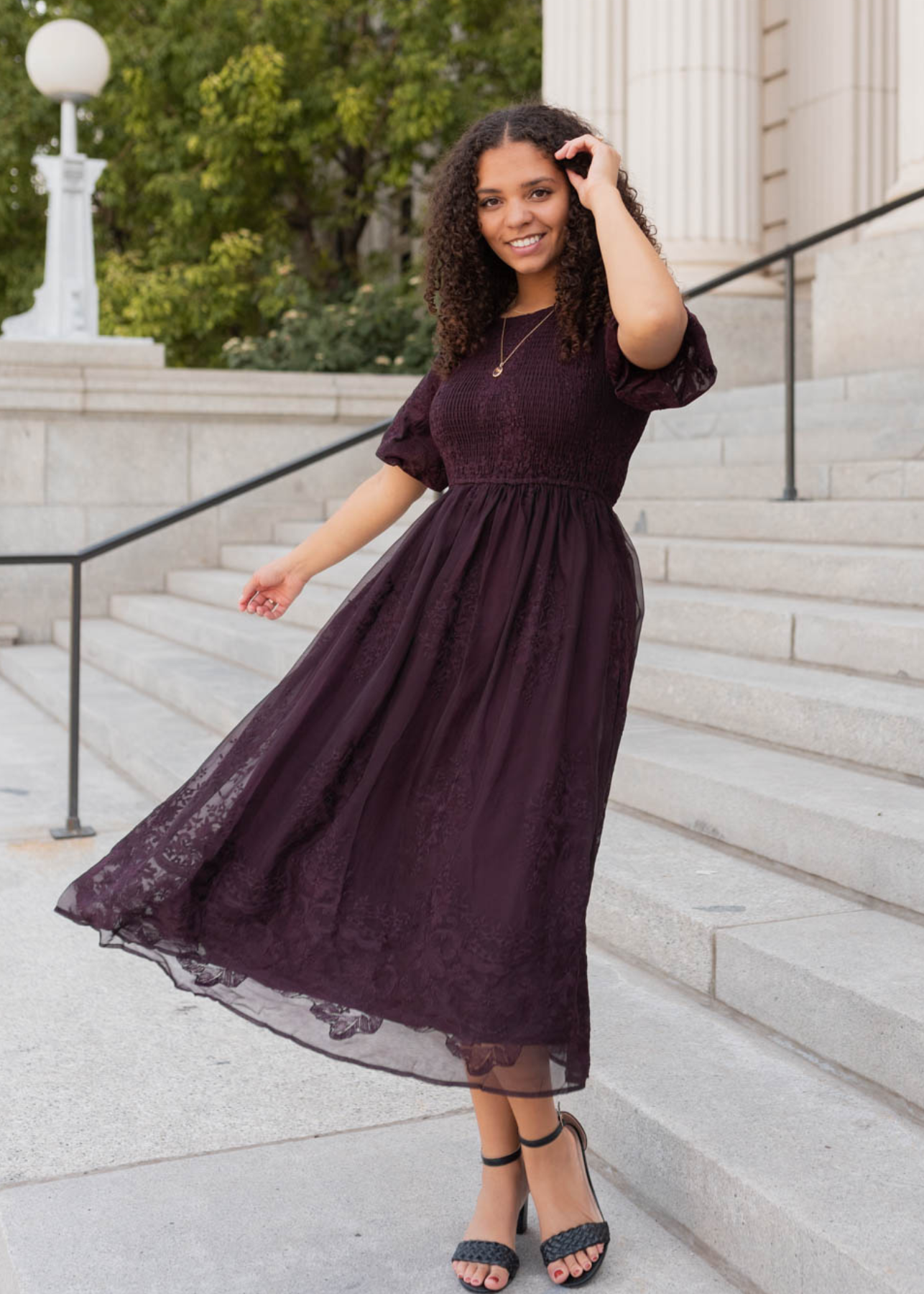 Short sleeve plum embroidered dress