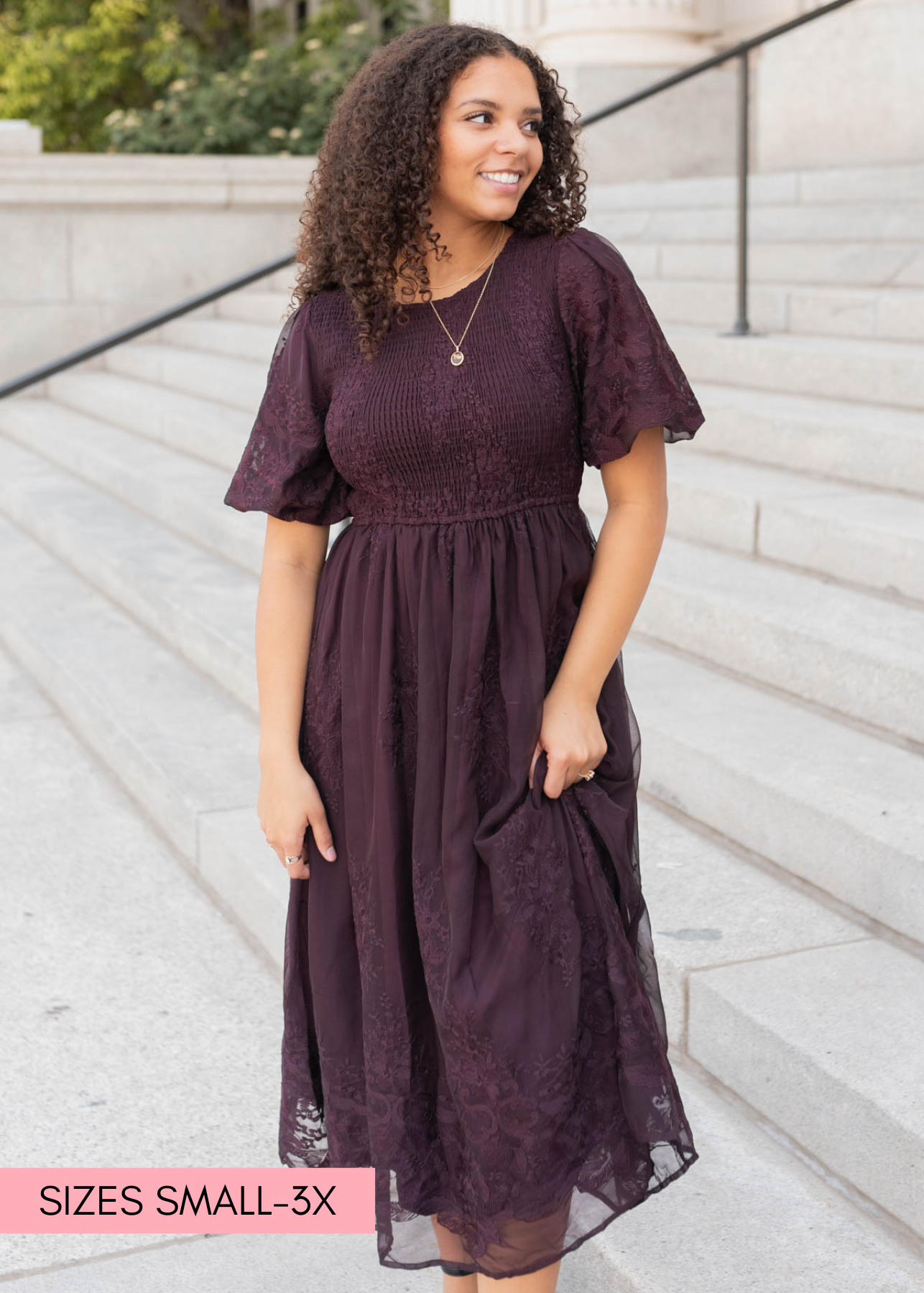 Short sleeve plum embroidered dress