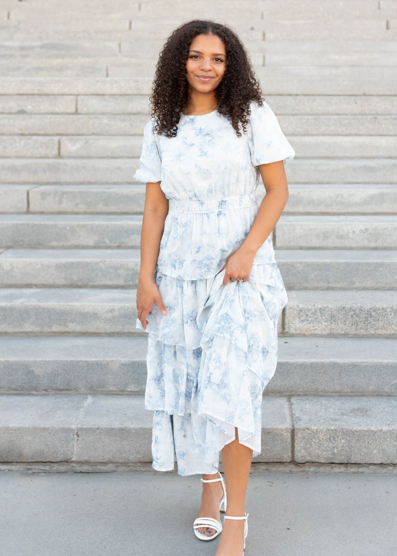 Light grey floral ruffle dress with short sleeves