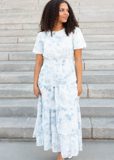 Light  grey floral ruffle dress with tiered skirt