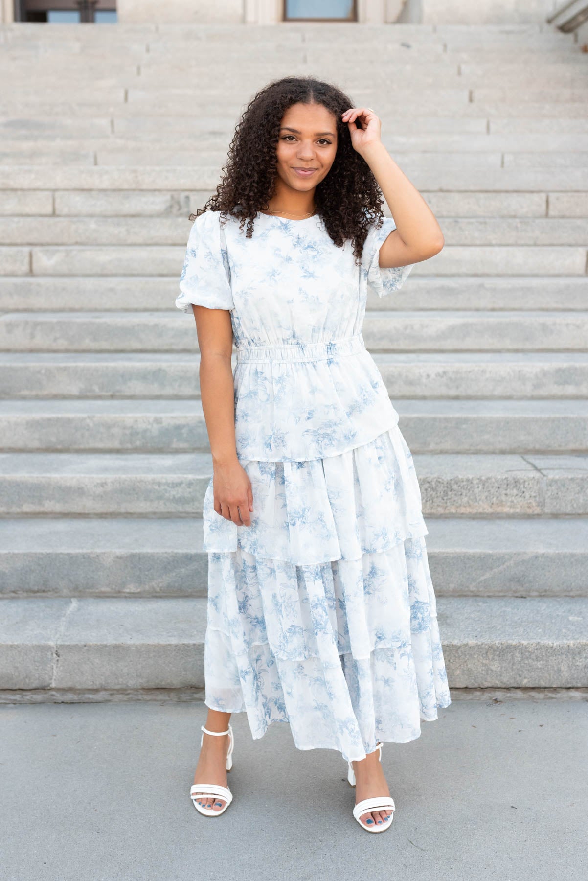 Light grey floral ruffle dress with elastic waist