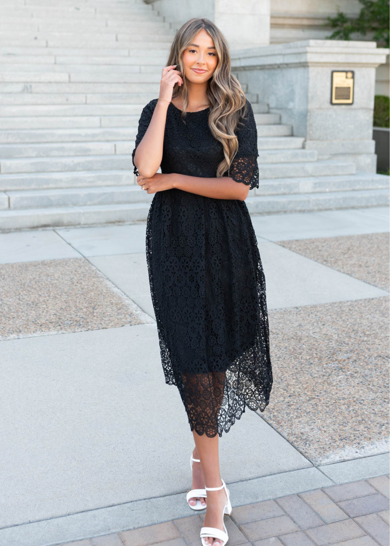 Black lace dress with short sleeves