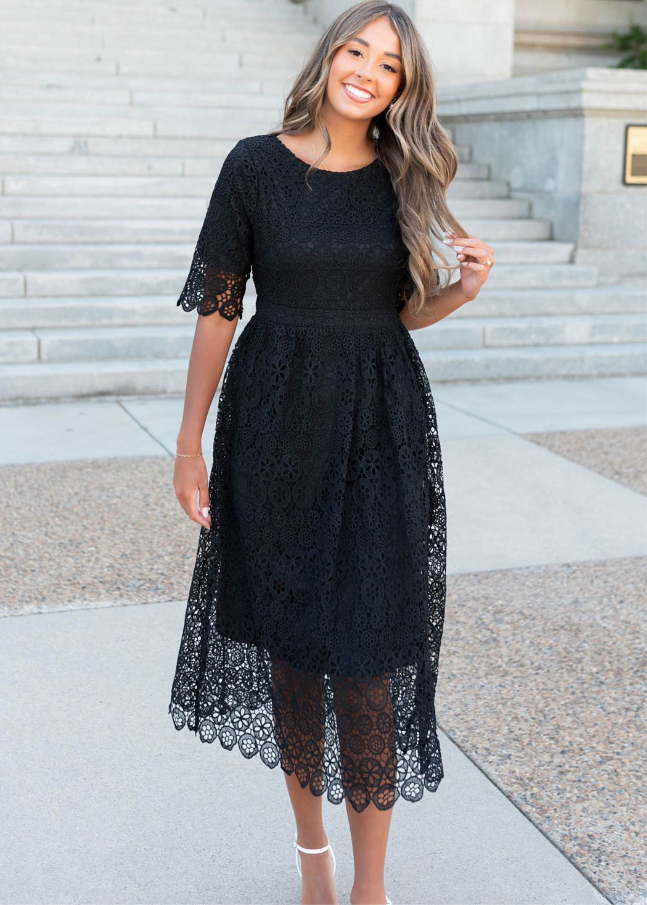 Short sleeve black lace dress