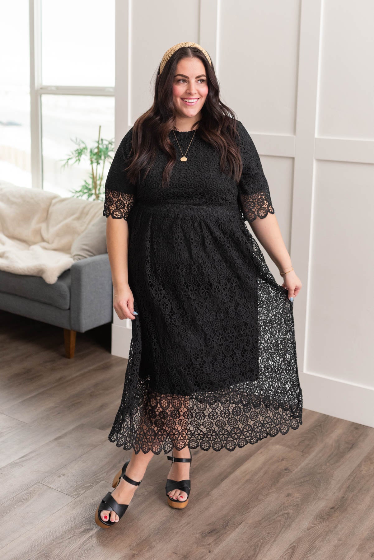 Plus size lined black lace dress