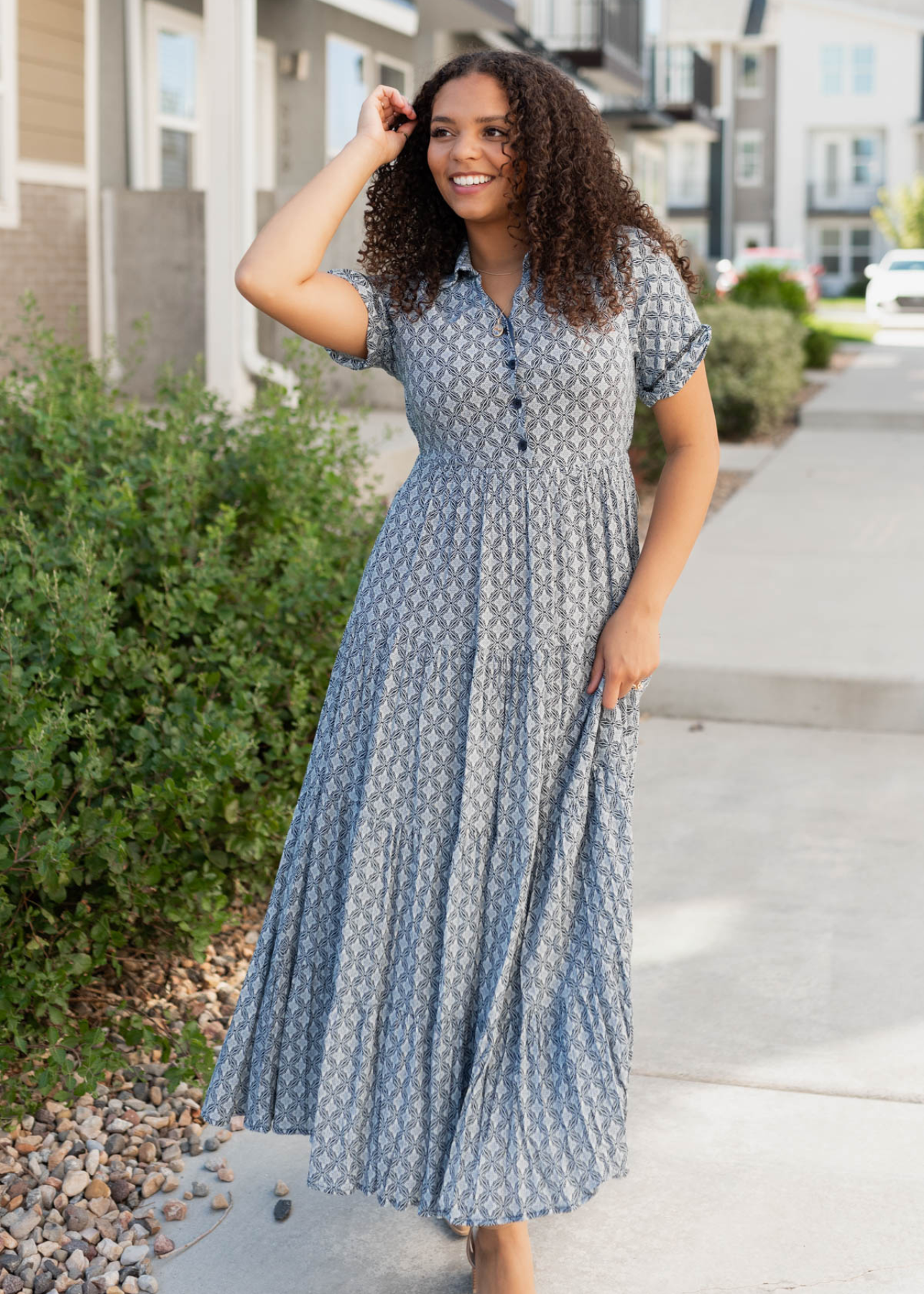 Navy pattern tiered dress with short sleeves