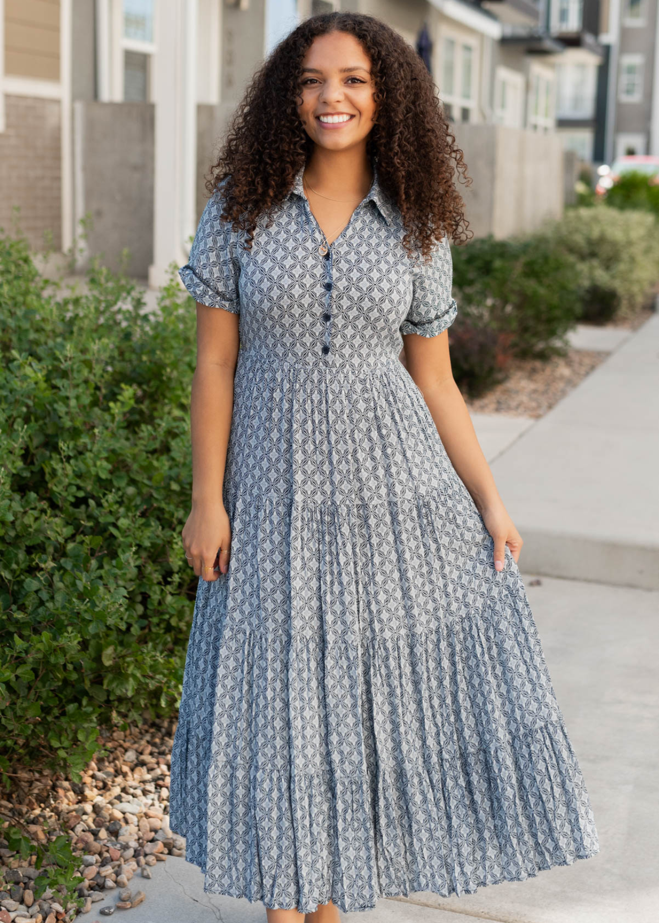 Navy pattern tiered dress