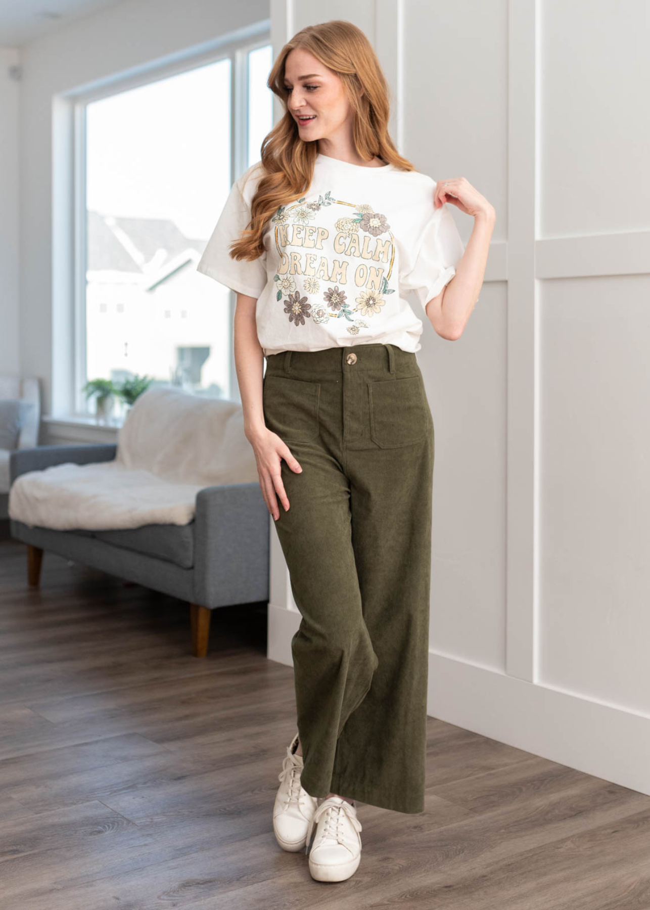 Wide leg olive corduroy pants