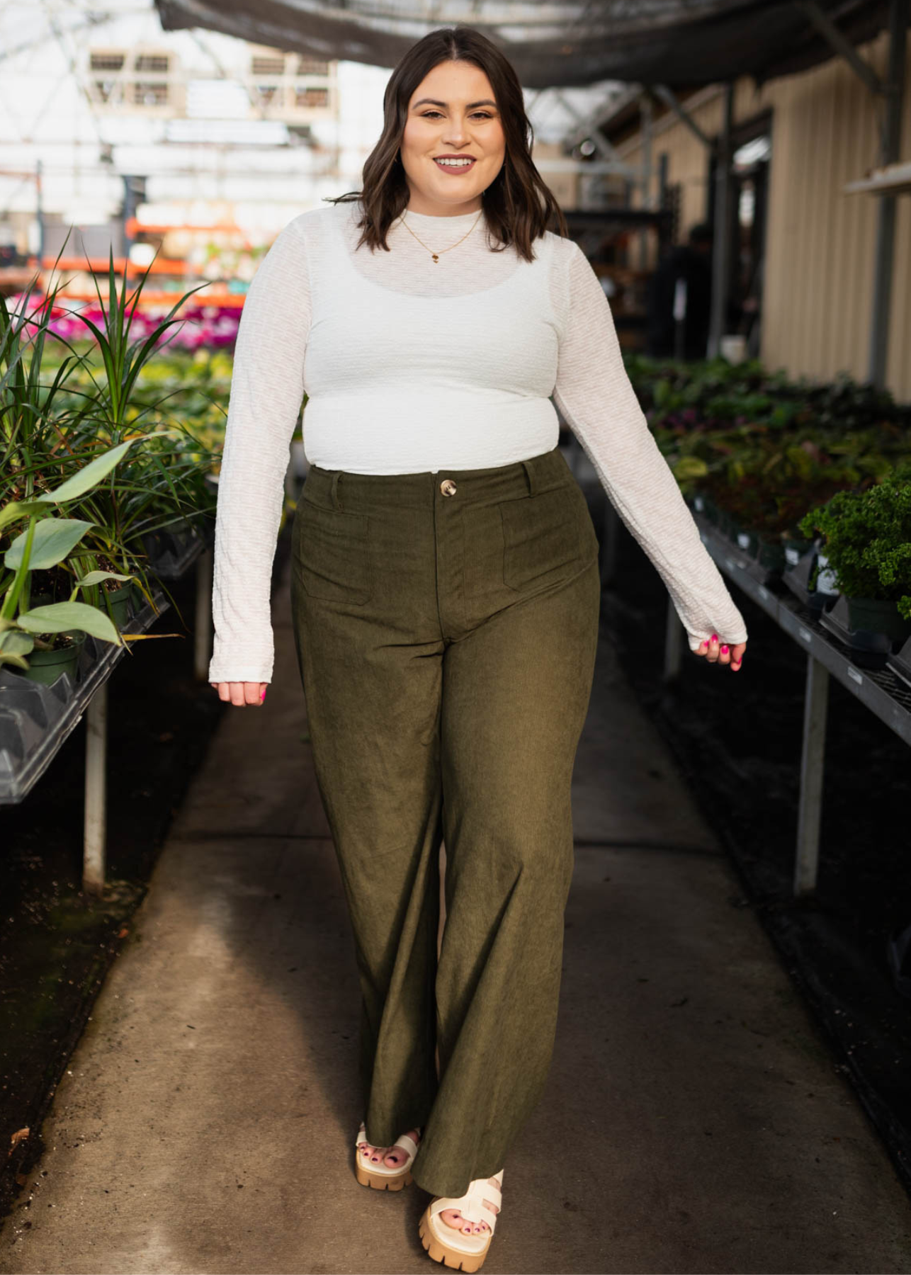 Side leg plus size olive corduroy pants