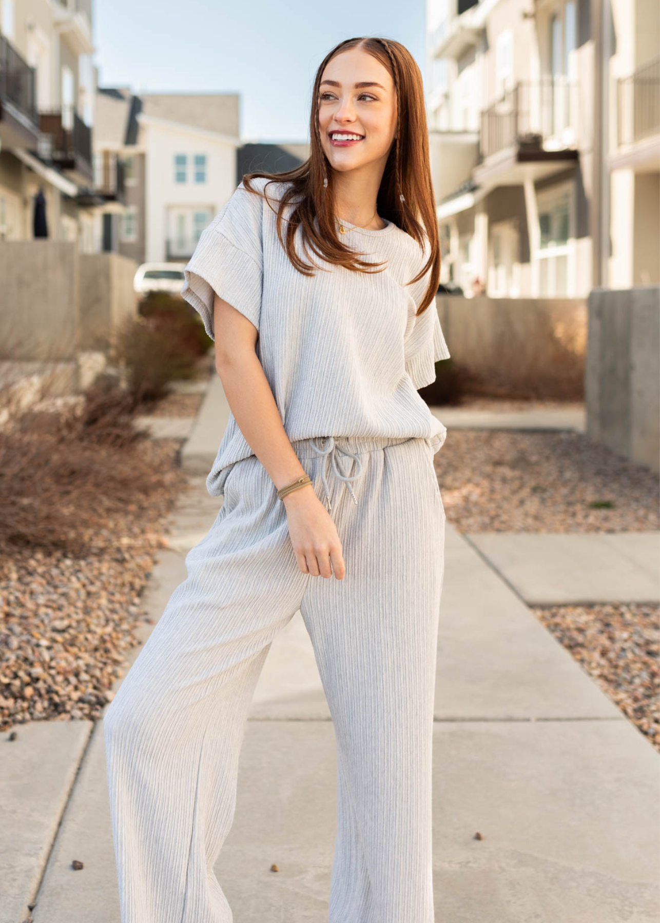 Sage grey textured short sleeve drop shoulder top