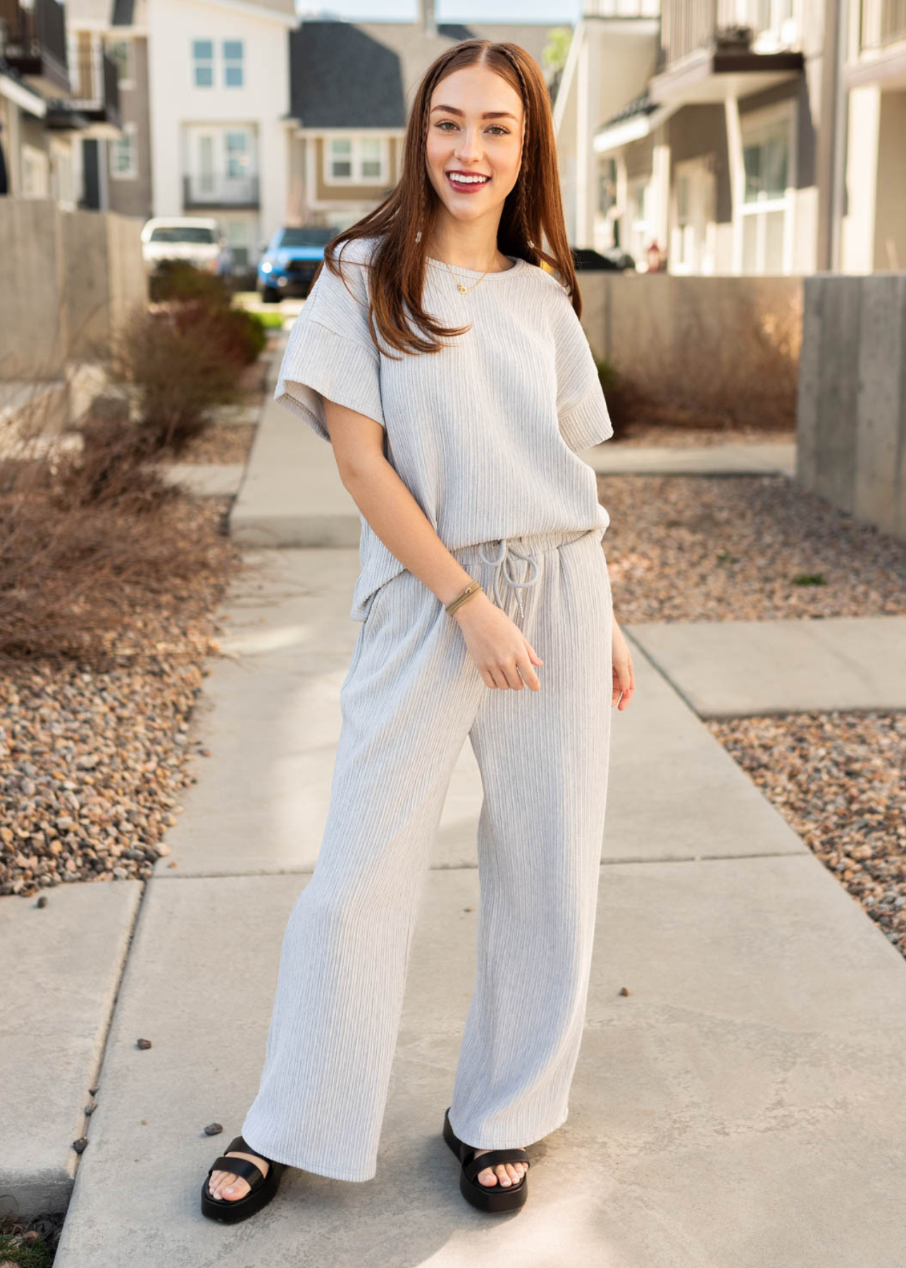 Sage grey textured top with short sleeves