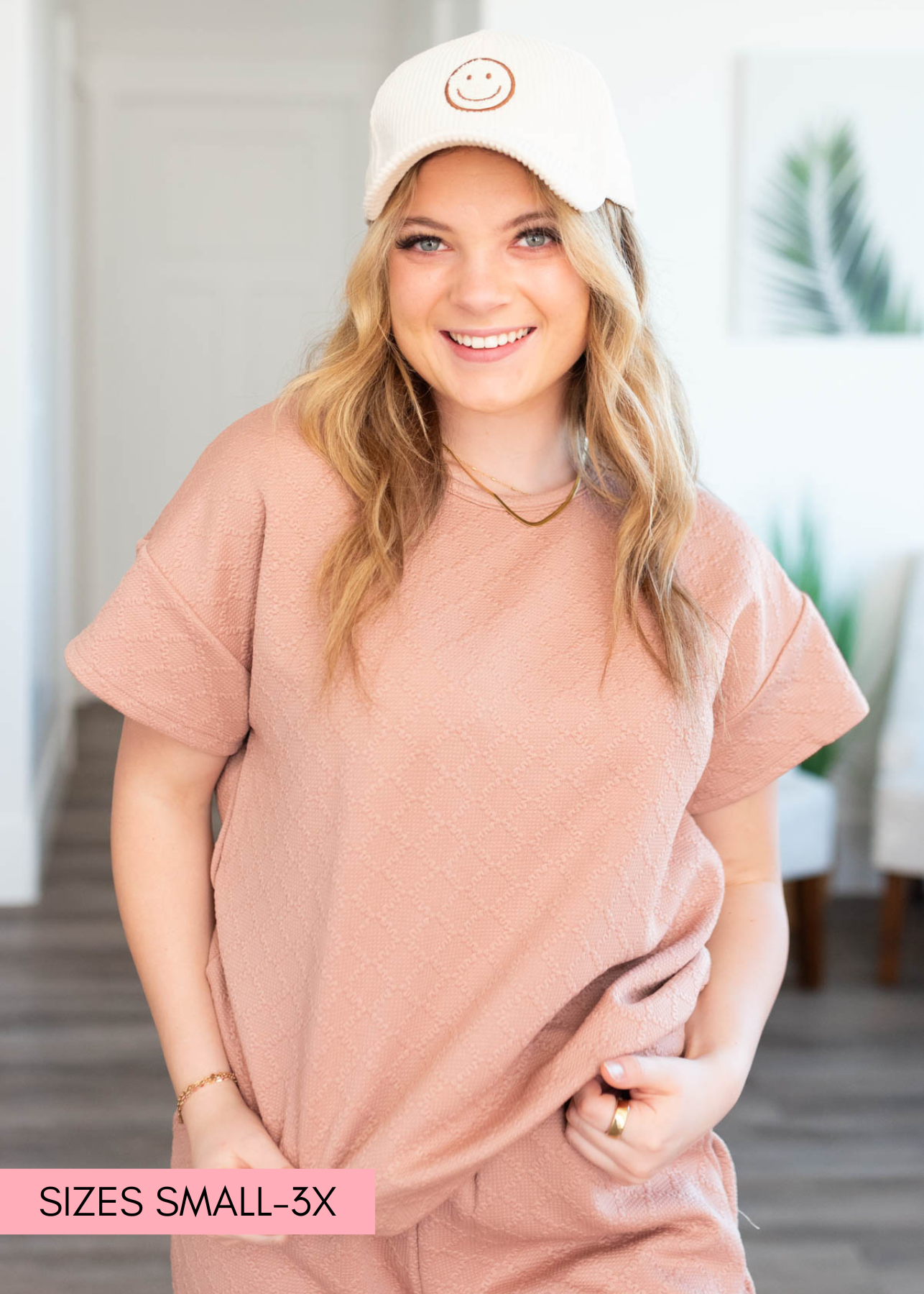 Drop shoulder short sleeve dusty pink textured top