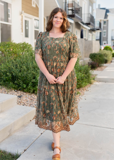 Plus size olive embroidered dress with rust and mustard floral print embroidery