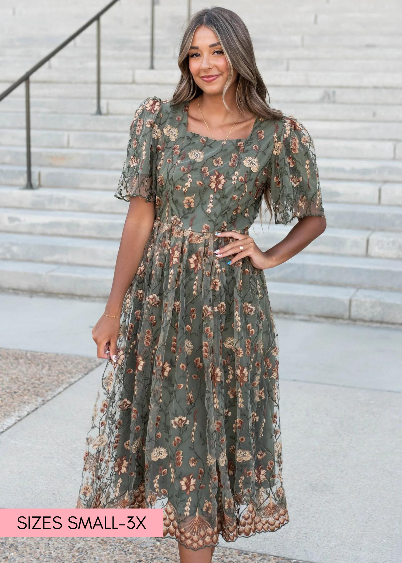 Olive embroidered dress with short sleeves