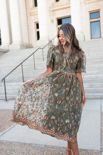 Olive embroidered dress with a floral mesh over lay