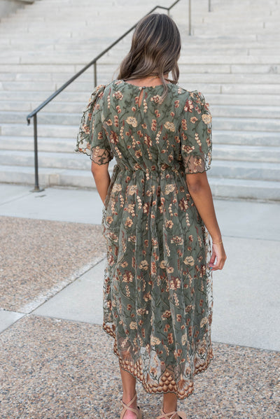 Back view of the olive embroidered dress