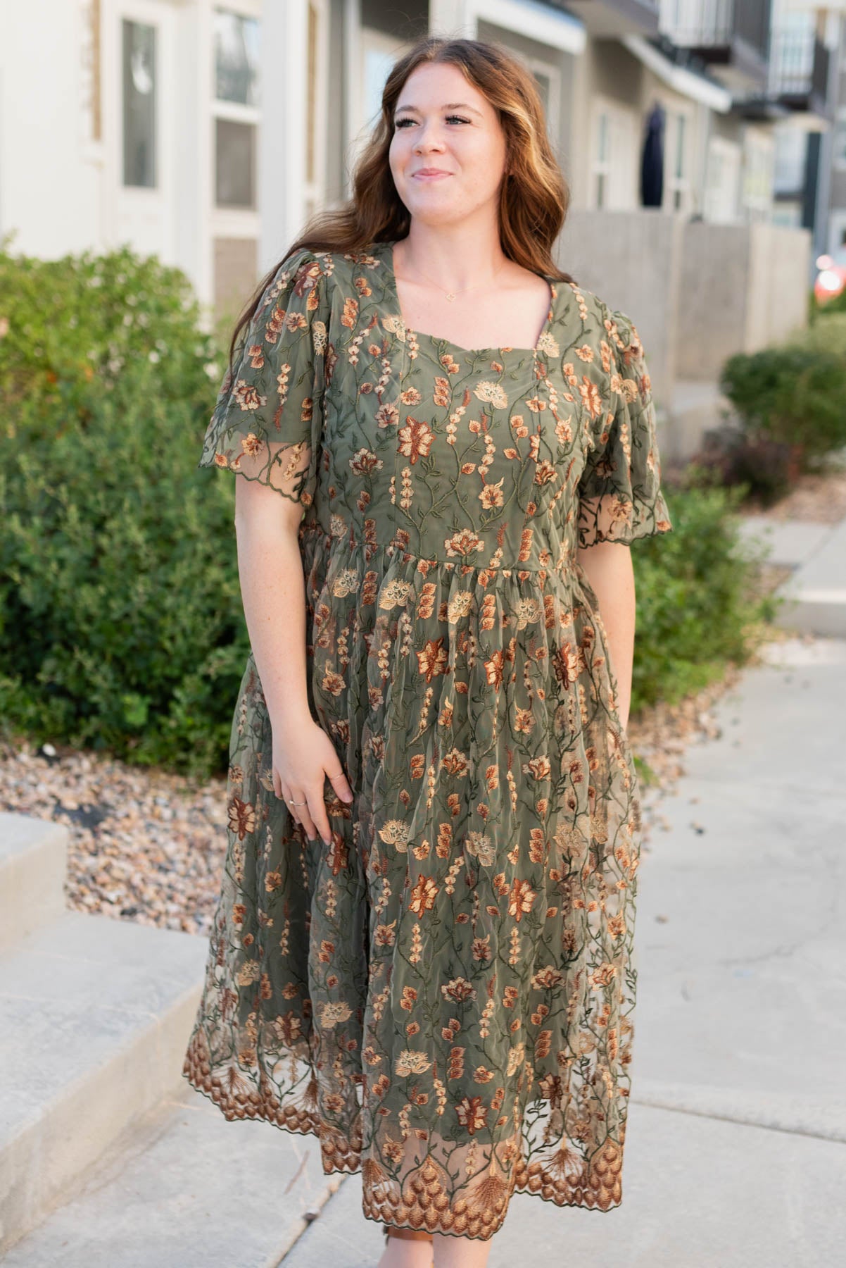 Plus size olive embroidered dress with sweatheart neckline