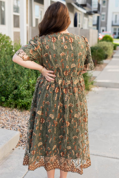 Back view of the plus size olive embroidered dress