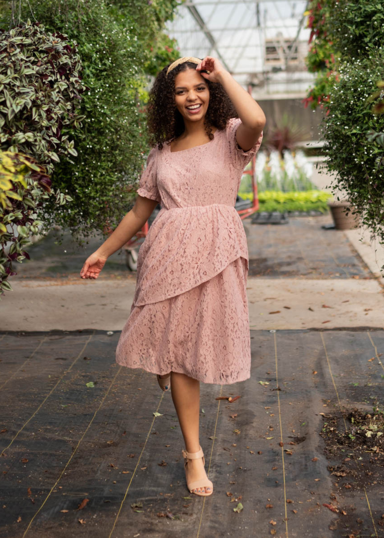 Dusty pink lace tiered dress