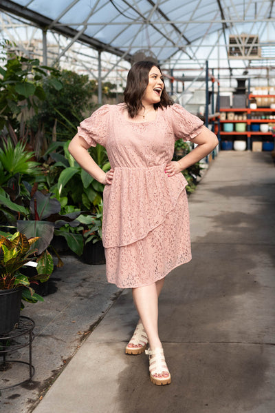 Dusty pink lace tiered dress with short sleeves